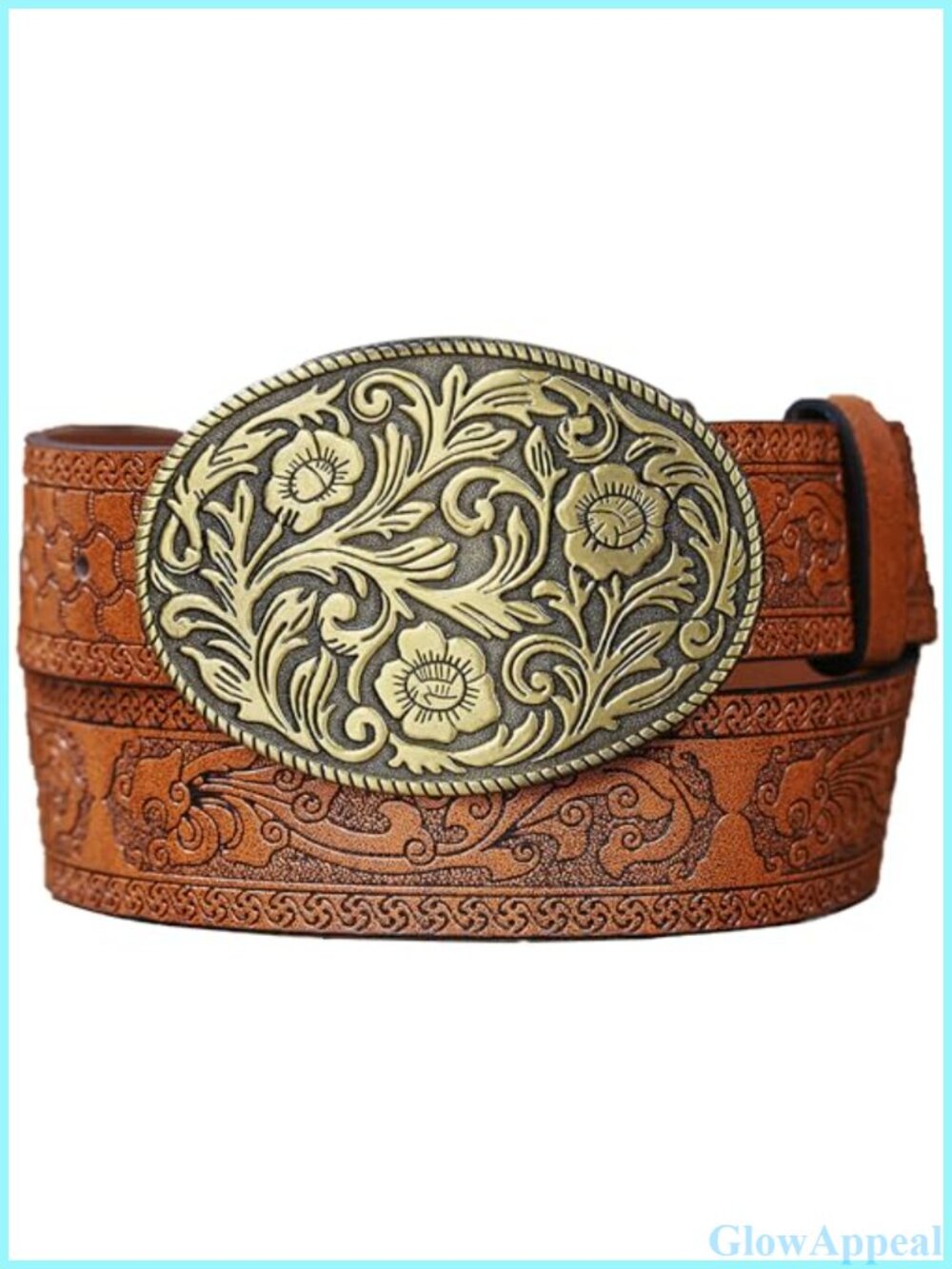 Western PU Leather Belt Embossed Flower Buckle for Jeans Pants